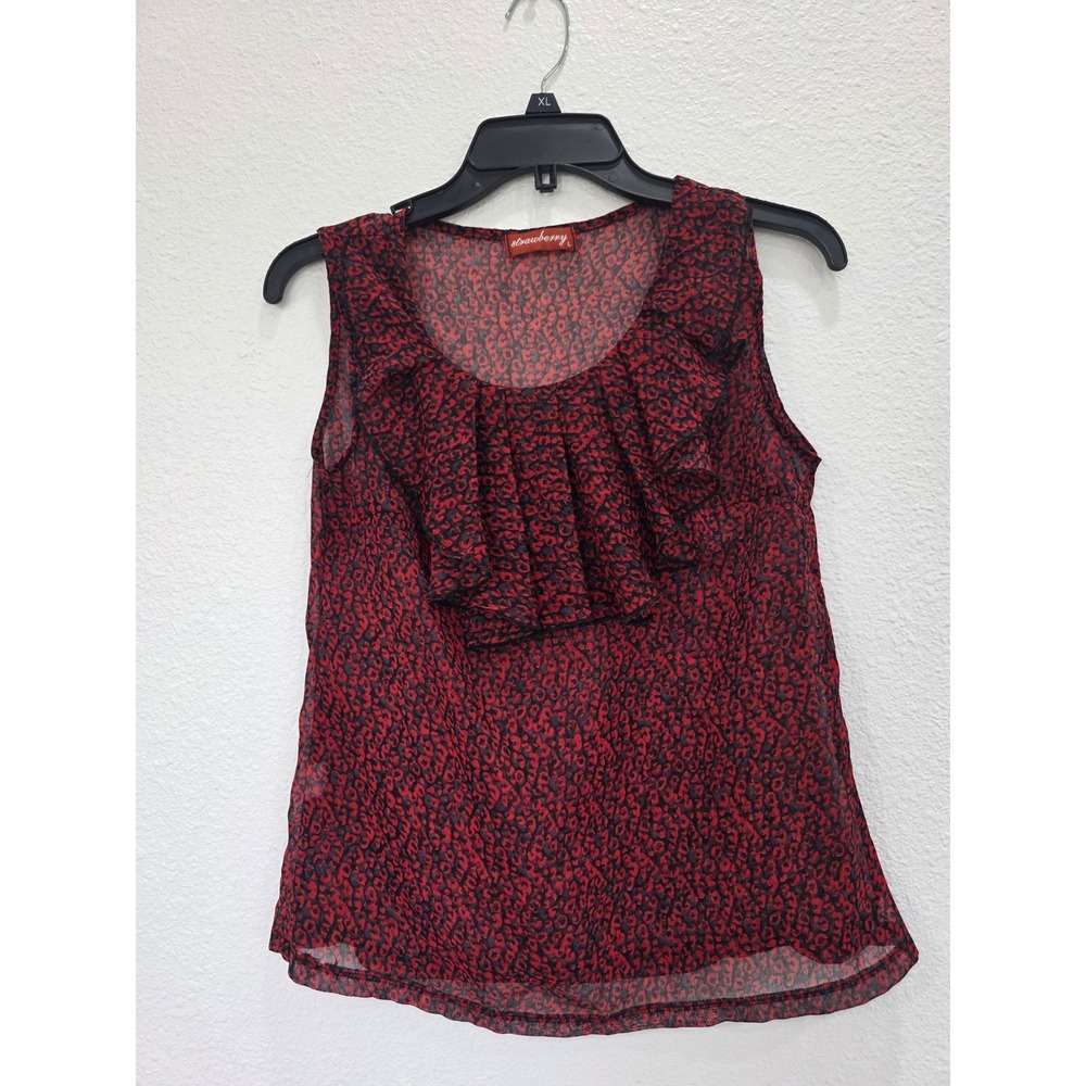 Strawberry Red Black Animal Print Ruffle Front Sleeveless‎ Tank Top Womens m